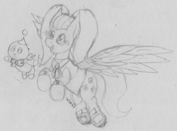 Size: 2656x1967 | Tagged: safe, artist:wapamario63, imported from ponybooru, fluttershy, chao, pegasus, pony, alternate hairstyle, bow, clothes, cosplay, costume, cream the rabbit, cute, female, flying, mare, monochrome, outfit, pigtails, shyabetes, sketch, solo, sonic the hedgehog (series), spread wings, traditional art, twintails, wings