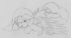 Size: 2880x1544 | Tagged: safe, artist:wapamario63, imported from ponybooru, fluttershy, pegasus, pony, female, lying down, mare, monochrome, one eye closed, sketch, solo, spread wings, tired, traditional art, wings