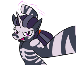 Size: 747x636 | Tagged: safe, artist:jargon scott, imported from ponybooru, oc, oc only, oc:nyxzala, hybrid, zebra, zebracorn, dreadlocks, female, grein, imminent punch, lidded eyes, looking at you, mare, offscreen character, open mouth, pov, simple background, solo, white background