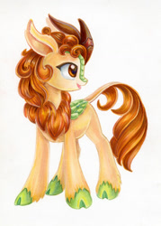 Size: 847x1182 | Tagged: safe, artist:maytee, imported from derpibooru, autumn blaze, kirin, simple background, smiling, solo, traditional art