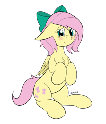 Size: 2221x2577 | Tagged: safe, artist:wapamario63, imported from ponybooru, fluttershy, pegasus, pony, alternate hairstyle, blushing, bow, chest fluff, cute, ears, female, floppy ears, looking at you, mare, short mane, shyabetes, simple background, sitting, solo, transparent background
