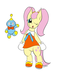 Size: 1728x2265 | Tagged: safe, artist:wapamario63, imported from ponybooru, fluttershy, chao, pegasus, pony, alternate hairstyle, bipedal, bow, clothes, cosplay, costume, cream the rabbit, cute, female, mare, one eye closed, outfit, pigtails, shyabetes, simple background, solo, sonic the hedgehog (series), transparent background, twintails, wink