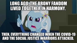 Size: 1280x714 | Tagged: safe, imported from derpibooru, trixie, equestria girls, rainbow rocks, 2020, avatar the last airbender, brony, caption, coronavirus, covid-19, fandom, image macro, imgflip, reference, shitposting, social justice warrior, text