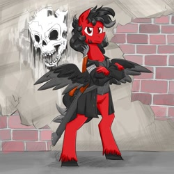 Size: 1200x1200 | Tagged: safe, artist:flutterthrash, oc, oc only, pegasus, pony, bipedal, brick wall, clothes, crossed hooves, electric guitar, guitar, male, musical instrument, pegasus oc, skull, solo, stallion, wall, wings