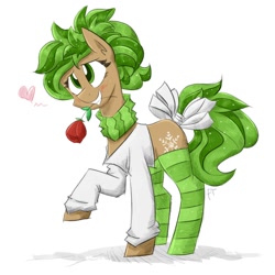 Size: 1200x1200 | Tagged: safe, artist:flutterthrash, oc, oc only, earth pony, pony, bow, clothes, earth pony oc, female, floating heart, flower, grin, heart, mare, mouth hold, raised hoof, rose, simple background, smiling, socks, solo, striped socks, tail bow, white background