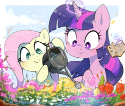 Size: 2340x1979 | Tagged: safe, artist:fuyugi, artist:nendo, imported from derpibooru, fluttershy, twilight sparkle, butterfly, pegasus, pony, unicorn, book, cute, duo, duo female, female, flower, garden, gardening, glowing horn, high res, hoof hold, horn, magic, mare, shyabetes, smiling, telekinesis, unicorn twilight, water, watering can, white pupils