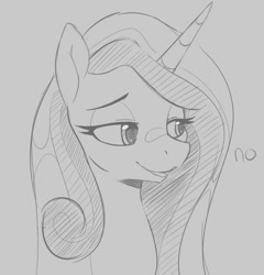Size: 904x943 | Tagged: safe, artist:tre, imported from derpibooru, princess cadance, alicorn, pony, bust, female, lidded eyes, looking at someone, mare, missing accessory, monochrome, no, reaction image, simple background, solo, text