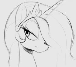 Size: 1070x945 | Tagged: safe, artist:tre, imported from derpibooru, princess celestia, alicorn, pony, bust, female, hair over one eye, jewelry, lidded eyes, looking sideways, mare, monochrome, simple background, solo, tiara