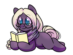 Size: 1070x808 | Tagged: safe, artist:paperbagpony, imported from derpibooru, oc, oc only, oc:libra lavanda, earth pony, pony, book, butt freckles, clothes, ear freckles, earth pony oc, female, freckles, glasses, hoof freckles, mare, reading, scarf, simple background, solo, white background