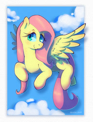 Size: 1529x2000 | Tagged: safe, artist:talimingi, imported from derpibooru, fluttershy, pegasus, pony, cloud, female, head turned, looking at you, mare, sky, smiling, solo, spread wings, turned head, wings