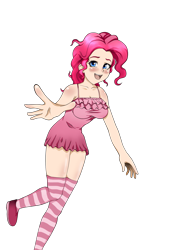 Size: 1653x2256 | Tagged: safe, artist:aldharoku, imported from derpibooru, pinkie pie, human, 2014, blushing, breasts, cleavage, clothes, dress, humanized, open mouth, shoes, simple background, sleeveless, smiling, socks, solo, striped socks, transparent background