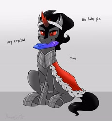 Size: 3389x3689 | Tagged: safe, artist:confetticakez, imported from derpibooru, king sombra, pony, unicorn, armor, behaving like a dog, cape, clothes, crystal, cute, cute little fangs, fangs, male, mine!, mouth hold, sitting, solo, sombradorable, stallion, that pony sure does love crystals