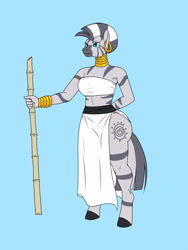 Size: 1200x1600 | Tagged: safe, artist:lurking tyger, imported from derpibooru, zecora, anthro, blue background, clothes, doodle, side slit, simple background, skirt, solo, staff