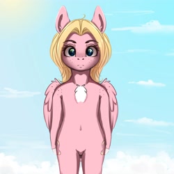 Size: 4000x4000 | Tagged: dead source, safe, artist:miokomata, imported from derpibooru, oc, oc only, oc:mio, pegasus, semi-anthro, belly button, chest fluff, female, freckles, looking at you, mare, shoulder freckles, sky, solo, wing freckles