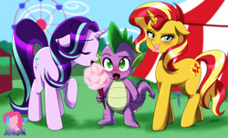 Size: 1148x696 | Tagged: source needed, safe, artist:danmakuman, imported from derpibooru, spike, starlight glimmer, sunset shimmer, dragon, pony, unicorn, blushing, carnival, commission, cotton candy, eyes closed, female, floppy ears, food, group, male, open mouth, shipping, sparlight, spike gets all the mares, straight, suggestive eating, sunsetsparlight, sunsetspike, trio