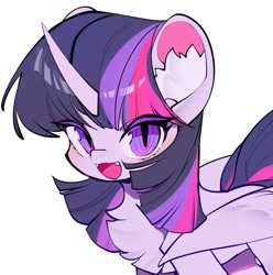 Size: 1015x1024 | Tagged: safe, artist:amo, imported from derpibooru, twilight sparkle, alicorn, pony, chest fluff, colored eyelashes, cute, cute little fangs, ear fluff, fangs, looking at you, open mouth, simple background, slit eyes, slit pupils, solo, twiabetes, twilight sparkle (alicorn), white background