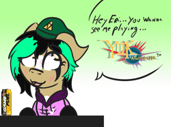 Size: 1231x910 | Tagged: safe, artist:lazerblues, imported from derpibooru, oc, oc:bambi, earth pony, pony, beanie, blushing, cute, dialogue, drink, energy drink, english, female, game fuel, hat, mare, mountain dew, multicolored hair, soda can, solo, the legend of zelda, triforce, yellow eyes, yiik