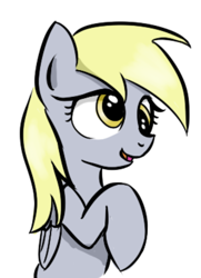 Size: 486x672 | Tagged: safe, artist:ophdesigner, imported from derpibooru, derpy hooves, pegasus, pony, cropped, cute, derp, derpabetes, folded wings, grimdark source, happy, looking right, raised hoof, simple background, solo, white background, wings, yellow eyes