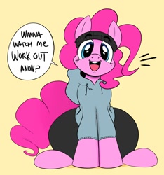 Size: 1874x2000 | Tagged: safe, artist:ota, imported from derpibooru, pinkie pie, earth pony, pony, clothes, dialogue, hoodie, looking at you, open mouth, pants, ponk, simple background, sitting, solo, speech bubble, sweatband, yellow background, yoga pants