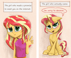 Size: 2100x1713 | Tagged: safe, artist:chopsticks, imported from derpibooru, sunset shimmer, human, pony, unicorn, equestria girls, blushing, breasts, busty sunset shimmer, catfishing, cheek fluff, chest fluff, comic, crossed legs, cute, dialogue, female, looking at you, self ponidox, shimmerbetes, sitting, sleeveless, solo, text, unshorn fetlocks, waving