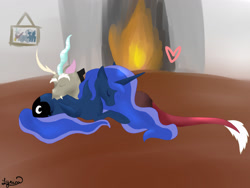 Size: 1600x1200 | Tagged: safe, artist:lyriica, imported from derpibooru, discord, princess luna, alicorn, female, fireplace, lunacord, male, shipping, straight