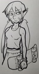 Size: 1387x2639 | Tagged: safe, artist:dj-black-n-white, imported from derpibooru, oc, oc only, oc:satsuma, satyr, bandaid, bandaid on nose, clothes, injured, offspring, parent:oc:yuzu, parent:yuzu, skateboard, tomboy