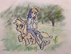 Size: 1400x1050 | Tagged: safe, artist:rockpigeon, imported from derpibooru, applejack, rainbow dash, earth pony, human, pony, appledash, complex background, female, humanized, interspecies, lesbian, meadow, shipping, sitting on, sitting on person, sitting on pony, smiling, traditional art, tree, vignette