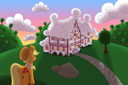 Size: 1800x1200 | Tagged: safe, artist:champion-of-namira, imported from derpibooru, applejack, earth pony, pony, butt, clothes, female, granny smith's shawl, house, mare, older, plot, solo, tree