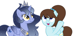 Size: 1407x700 | Tagged: safe, artist:choisky13, imported from derpibooru, oc, oc only, oc:cotton star, oc:stella moonshine, alicorn, pegasus, pony, female, mare, offspring, parent:princess luna, parent:stygian, parents:styuna, simple background, transparent background