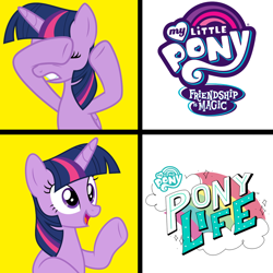 Size: 1024x1024 | Tagged: safe, imported from derpibooru, twilight sparkle, alicorn, pony, my little pony: pony life, based, covering eyes, downvote bait, drake, drama, epic, female, g4.5, meme, op failed friendship, op has a point, op is a duck, op is trying to start shit, op is trying to start shit so badly that it's kinda funny, op started shit and op is laughing at you, open mouth, pony life, pony life drama, solo, teeth, twilight sparkle (alicorn)