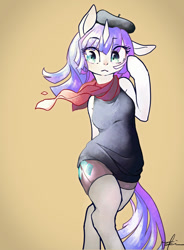 Size: 940x1280 | Tagged: safe, artist:toki, imported from derpibooru, rarity, anthro, semi-anthro, unicorn, arm hooves, beret, breasts, clothes, crossed hooves, dress, female, hand on face, hat, mare, scarf, solo