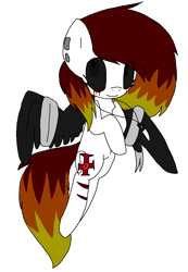 Size: 696x1008 | Tagged: safe, artist:dramaostrich, imported from derpibooru, oc, oc only, oc:cleancut, pegasus, pony, bandage, bandaged wing, black sclera, blood, crying, cutie mark, ear piercing, female, flying, jewelry, knife, necklace, piercing, scar, simple background, solo, tears of blood, wings