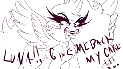 Size: 1200x675 | Tagged: safe, artist:moodi, imported from derpibooru, princess celestia, alicorn, angry, cake, cakelestia, eyelashes, food, gritted teeth, horn, implied princess luna, lipstick, spread wings, wings