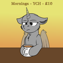 Size: 1000x1000 | Tagged: safe, artist:rokosmith26, imported from derpibooru, part of a set, pony, advertisement, annoyed, cheek fluff, chest fluff, coffee, coffee mug, commission, cup, floppy ears, fluffy, mug, simple background, solo, table, your character here