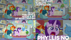 Size: 1986x1117 | Tagged: safe, edit, edited screencap, editor:quoterific, imported from derpibooru, screencap, phyllis, starlight glimmer, sunburst, trixie, pony, unicorn, a horse shoe-in, season 9, spoiler:s09, bad end, crying, eyes closed, female, glowing horn, horn, magic, magic aura, male, open mouth, philodendron, phyllis no!, potted plant, school of friendship, shocked, starlight's office, trio