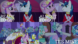 Size: 1986x1117 | Tagged: safe, edit, edited screencap, imported from derpibooru, screencap, lyra heartstrings, minuette, princess cadance, rarity, shining armor, twinkleshine, alicorn, earth pony, pony, unicorn, a canterlot wedding, bipedal, clothes, dress, duo, eyes closed, gritted teeth, male, open mouth, shocked, wedding dress