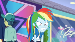 Size: 1281x720 | Tagged: safe, imported from derpibooru, screencap, rainbow dash, equestria girls, equestria girls series, holidays unwrapped, spoiler:eqg series (season 2), angry, angry face, clothes, cutie mark, cutie mark on clothes, dashing through the mall, furious, geode of super speed, grrrr, magical geodes, meme, rage, rage face, ragebow dash, rainbow dash is best facemaker