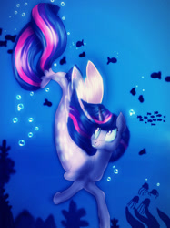 Size: 1024x1366 | Tagged: safe, artist:princessrosemcmitten, imported from derpibooru, twilight sparkle, alicorn, fish, jellyfish, pony, seapony (g4), bubble, clothes, coral, crepuscular rays, dorsal fin, female, fin wings, fish tail, flowing mane, flowing tail, glow, glowing, horn, looking up, ocean, purple eyes, seaponified, seapony twilight, seaweed, see-through, smiling, solo, species swap, swimming, tail, twilight sparkle (alicorn), underwater, water, wings