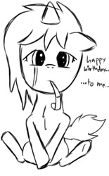 Size: 720x1160 | Tagged: safe, artist:symphonydawn3, imported from derpibooru, oc, oc only, oc:jackie spectre, earth pony, pony, birthday, crying, female, hat, mare, monochrome, party hat, party horn, sad, simple background, sketch, solo, teary eyes, white background