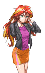 Size: 740x1200 | Tagged: safe, artist:invisibleone11, imported from derpibooru, sunset shimmer, equestria girls, anime, clothes, digital art, female, human coloration, jacket, shirt, simple background, skirt, solo, white background