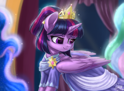 Size: 2000x1480 | Tagged: safe, artist:evedizzy26, imported from derpibooru, princess celestia, princess luna, twilight sparkle, alicorn, pony, the last problem, beautiful, clothes, colored, coronation, coronation dress, crown, dress, jewelry, regalia, second coronation dress, shading, slim, solo focus, thin, turned head, twilight sparkle (alicorn)