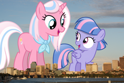 Size: 2100x1400 | Tagged: safe, artist:bertamallenco, artist:vector-brony, edit, editor:jaredking203, imported from derpibooru, vector edit, clear sky, wind sprint, pegasus, pony, unicorn, boston, female, filly, giant pony, giantess, highrise ponies, irl, like mother like daughter, like parent like child, macro, mare, massachusetts, mother and child, mother and daughter, photo, ponies in real life, story included, vector