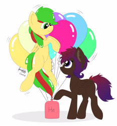 Size: 4200x4500 | Tagged: safe, artist:cuddle_cruise, imported from derpibooru, oc, oc:shaded star, oc:shay, balloon pony, inflatable pony, pegasus, pony, balloon, balloon fetish, blowing up balloons, couple, cute, female, fetish, helium, helium inflation, helium tank, inflation, looking at each other, mare