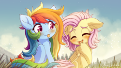 Size: 2840x1600 | Tagged: safe, artist:symbianl, imported from derpibooru, fluttershy, rainbow dash, pegasus, pony, alternate hairstyle, blushing, cute, dashabetes, duo, duo female, eyes closed, female, fluffy, mare, open mouth, scenery, shyabetes, sitting, smiling, tongue out