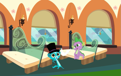 Size: 625x396 | Tagged: safe, artist:littledoegiuli95, imported from derpibooru, spike, dragon, mongoose, crossover, friendshipping, hat, littlest pet shop, male, males only, sitting, sunil nevla, the friendship express, top hat, train