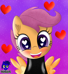 Size: 3840x4154 | Tagged: safe, artist:damlanil, imported from derpibooru, scootaloo, pegasus, pony, blushing, catsuit, clothes, cute, cutealoo, female, filly, happy, heart, heart eyes, latex, latex suit, looking at you, mare, open mouth, rubber, shine, shiny, simple background, smiling, spy, suit, vector, weapons-grade cute, wingding eyes, wings