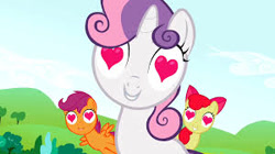 Size: 300x168 | Tagged: safe, imported from derpibooru, screencap, apple bloom, scootaloo, sweetie belle, earth pony, pegasus, pony, unicorn, lesson zero, season 2, adorabloom, cute, cutealoo, cutie mark crusaders, diasweetes, female, filly, heart eyes, i really like her mane, wingding eyes