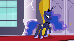 Size: 1920x1080 | Tagged: safe, imported from derpibooru, screencap, princess luna, alicorn, pony, a royal problem, butt, female, looking back, luna is not amused, mare, plot, raised hoof, solo, sun, swapped cutie marks, unamused