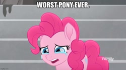 Size: 888x499 | Tagged: safe, artist:pinkiebuser, edit, edited screencap, imported from derpibooru, screencap, pinkie pie, earth pony, pony, rainbow roadtrip, abuse, blatant lies, caption, crying, female, go to sleep svengallop, image macro, mare, op is a duck, op is trying to start shit, pinkiebuse, solo, text, worst pony