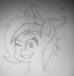 Size: 1990x2048 | Tagged: safe, artist:isaac_pony, imported from derpibooru, oc, oc only, oc:burst clouds, pegasus, pony, female, mare, monochrome, mouth, one eye closed, ribbon, simple background, sketch, smiling, teeth, traditional art, wink